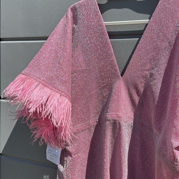 Pink Glitter Kaftan with Feather Trim - BRAND NEW - One Size - Glitter Cover Up - Picture 2 of 4